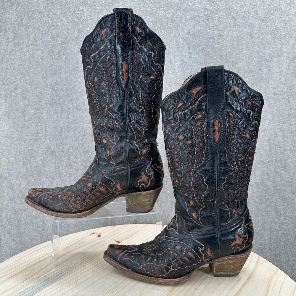 Corral Cowboy Boots Womens 8 Black Laser Cut Butterfly Snip Toe Western